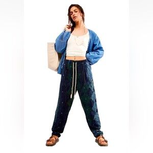 Free People Dr. Collectors Easy Pleated Pant Jeans Kantha Quilted Indigo